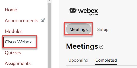 Virtual Meetings tab in Webex
