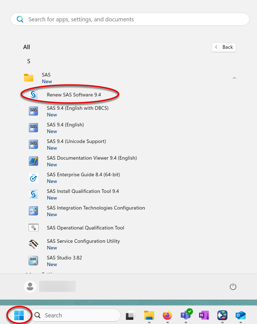 Windows menu click on renew SAS Software 9.4