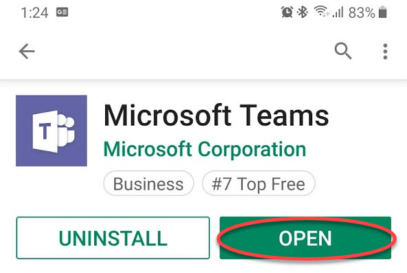 Microsoft Teams in Google Play Store Open