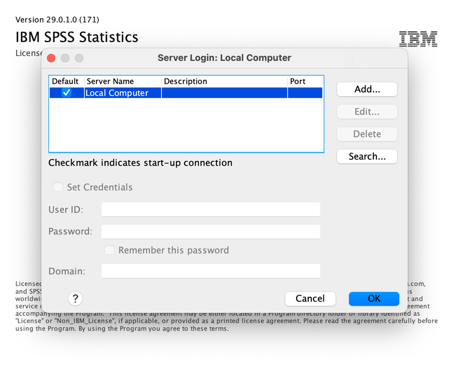 Screenshot of server login error for SPSS on macOS Sonoma