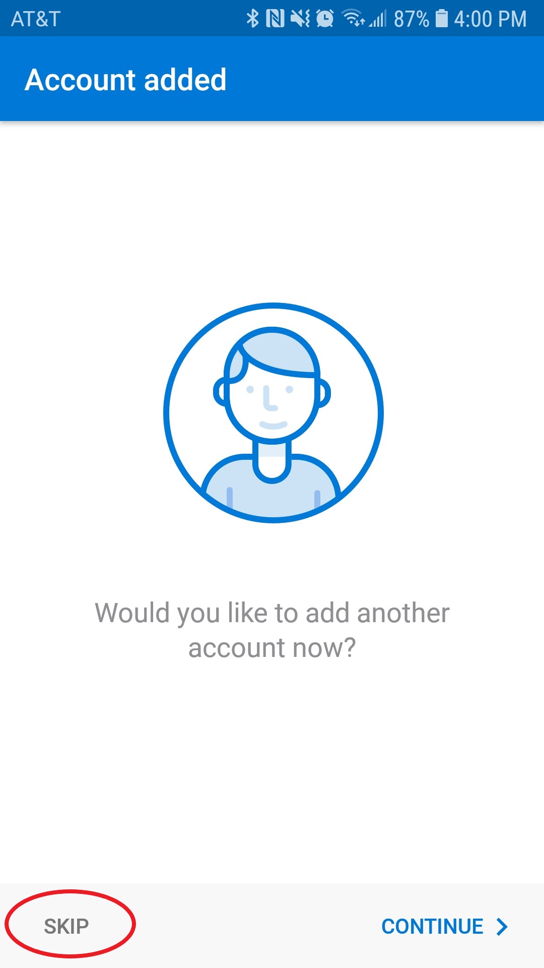 Window to add another account tap Skip