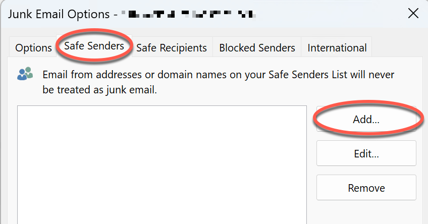 Window for setting Safe Senders click Add