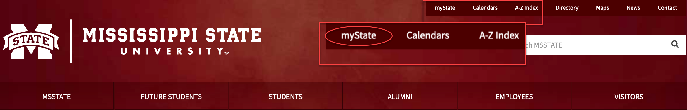 Screenshot for step 1 showing the myState link on the msstate.edu page