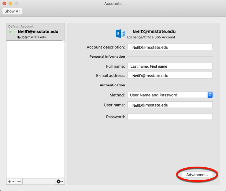 Click Advanced in the accounts window