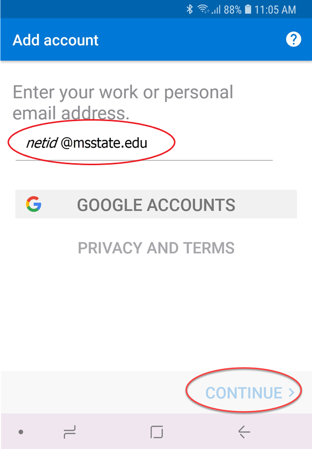 Window displaying to type in your email address and tap continue