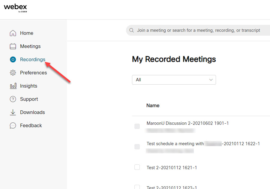 webex online menu point to recordings on left navigation