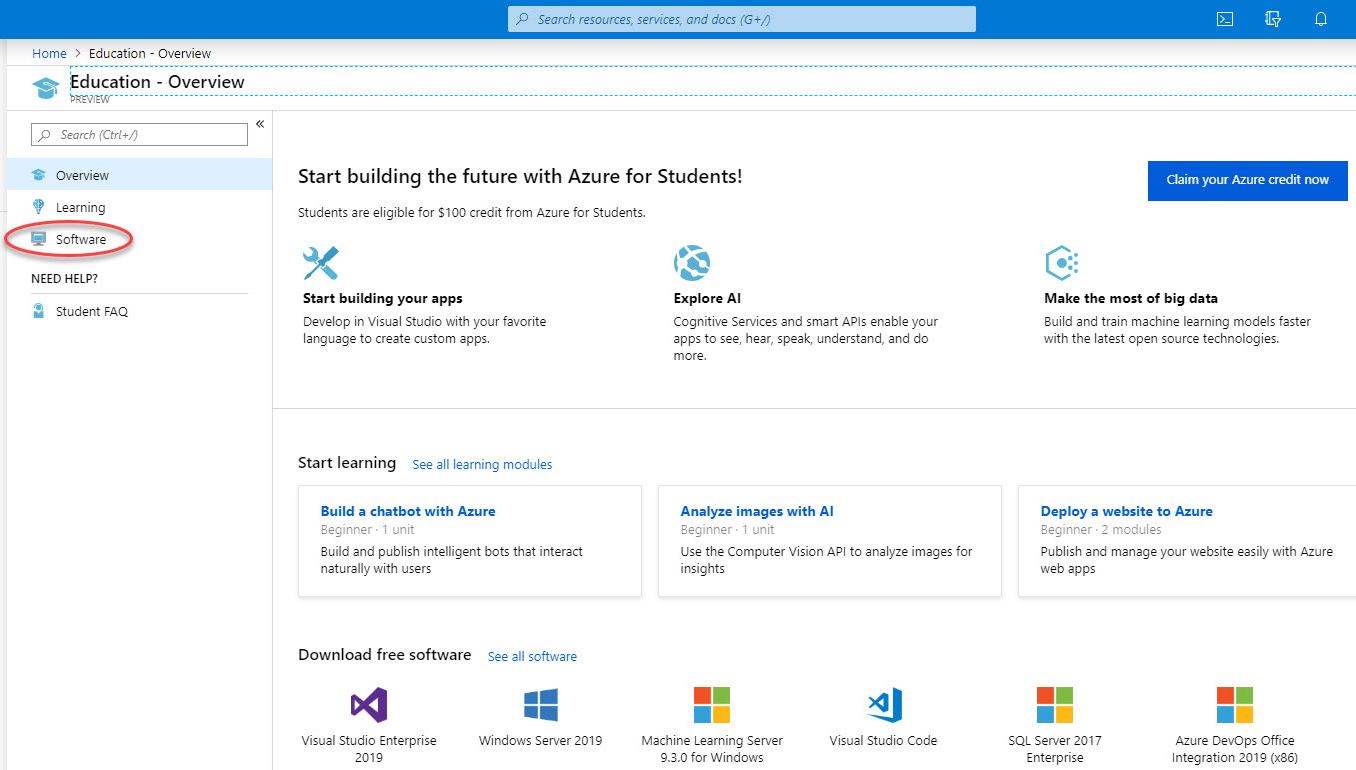 Azure landing page