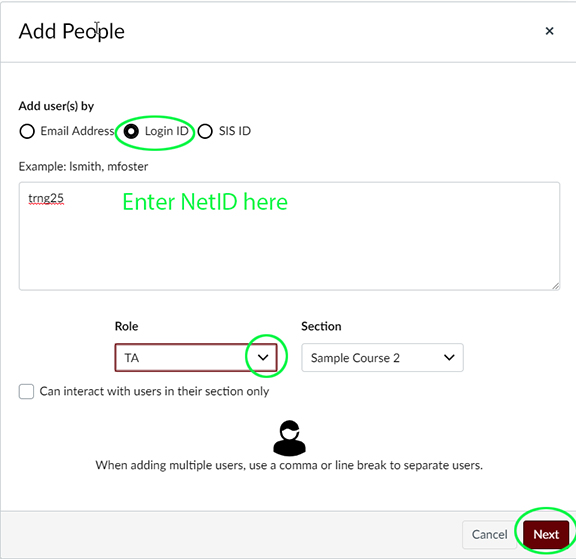 Add People box. Select login ID. Select TA as role. Select Next.
