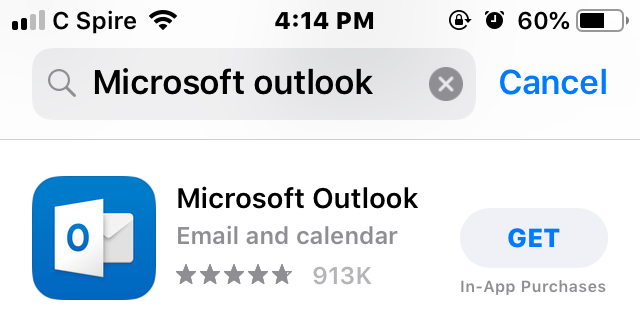 Window of App Store and the Microsoft Outlook app