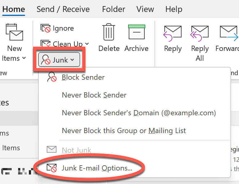 Window for Outlook with Junk highlighted