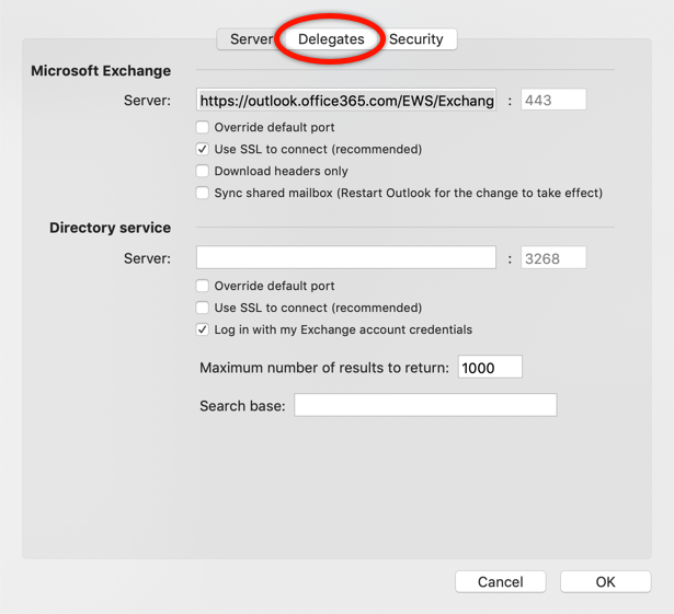Microsoft Exchange Window Delegates tab highlighted