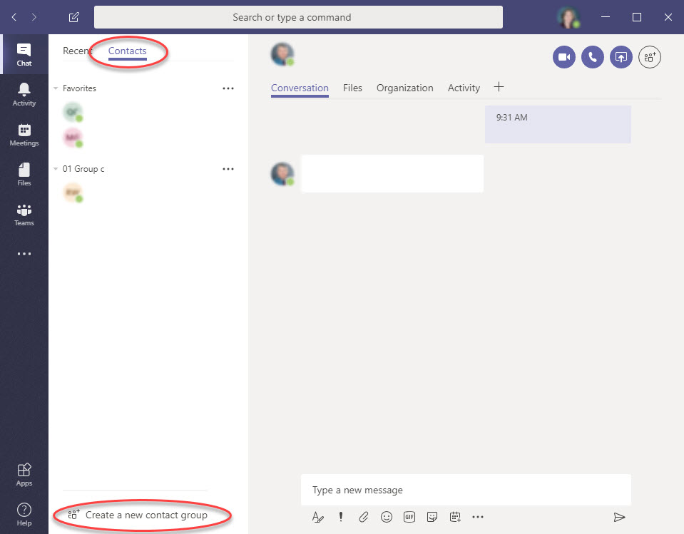 Contact section of Microsoft Teams click Create a new contact group