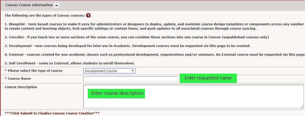 Enter a developmental course name and description