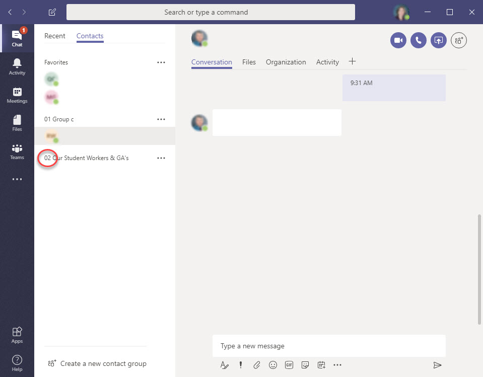 Contact of Microsoft Teams with new group displayed