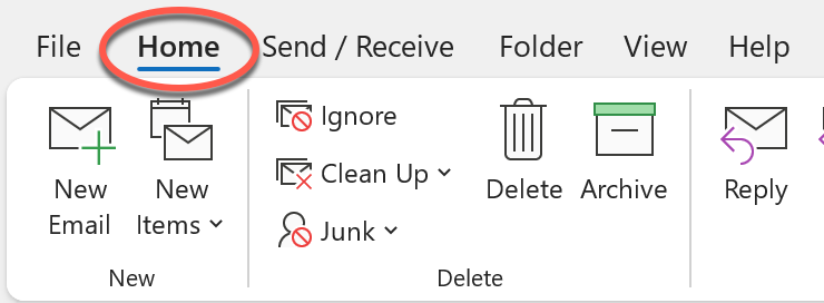 Window for Outlook with Home highlighted