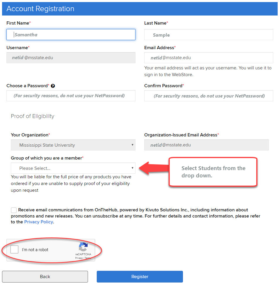 Account registration form with an I'm not a robot reCAPTCHA box.