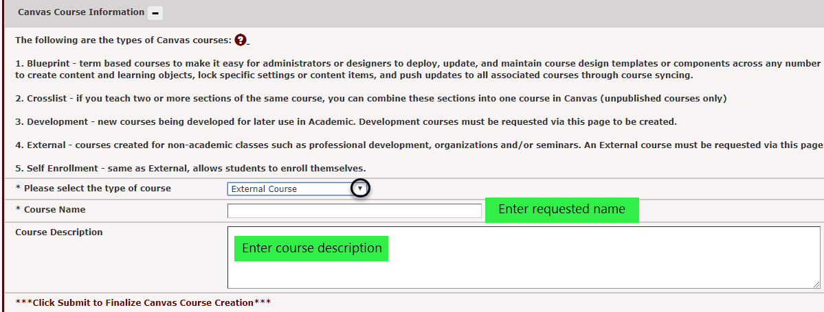 enter an external course name and description