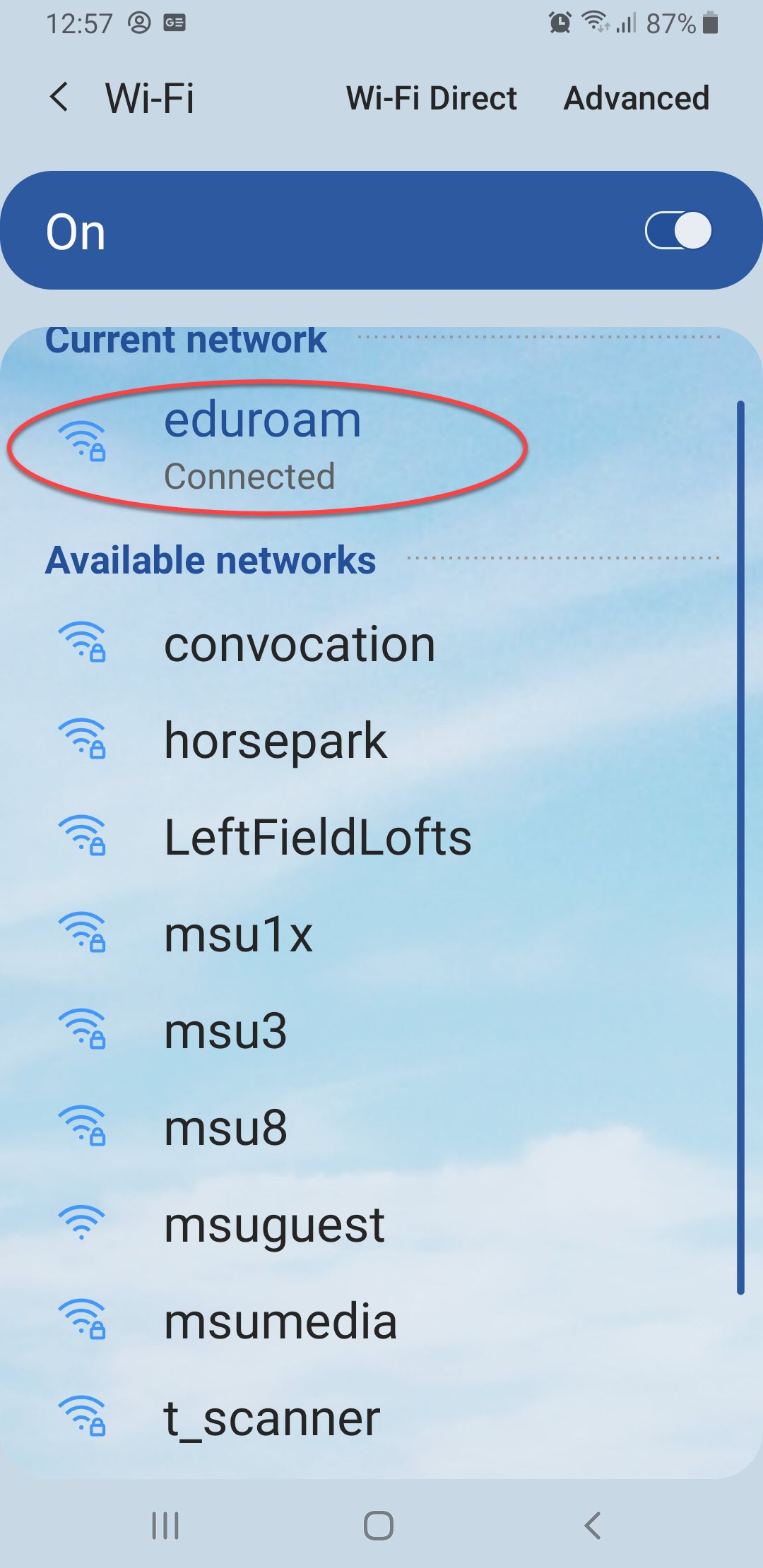 Long press on Eduroam